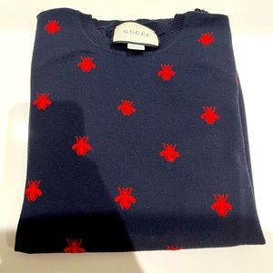 Gucci Bee wool long sleeve sweater, dark blue, large size